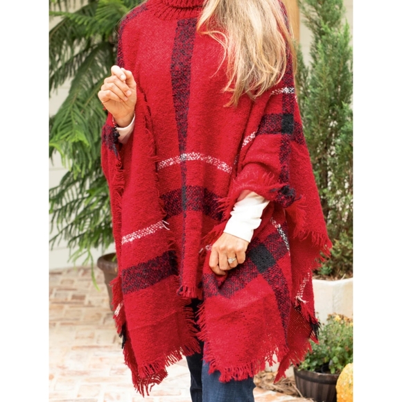 Easy On Me Plaid Turtleneck Poncho - Red - Picture 9 of 10